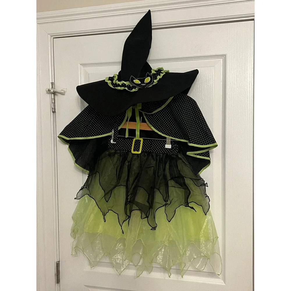 Pottery Barn Kids Witch Halloween Costume 4-6 Green Tulle Cat Hat Cape Skirt